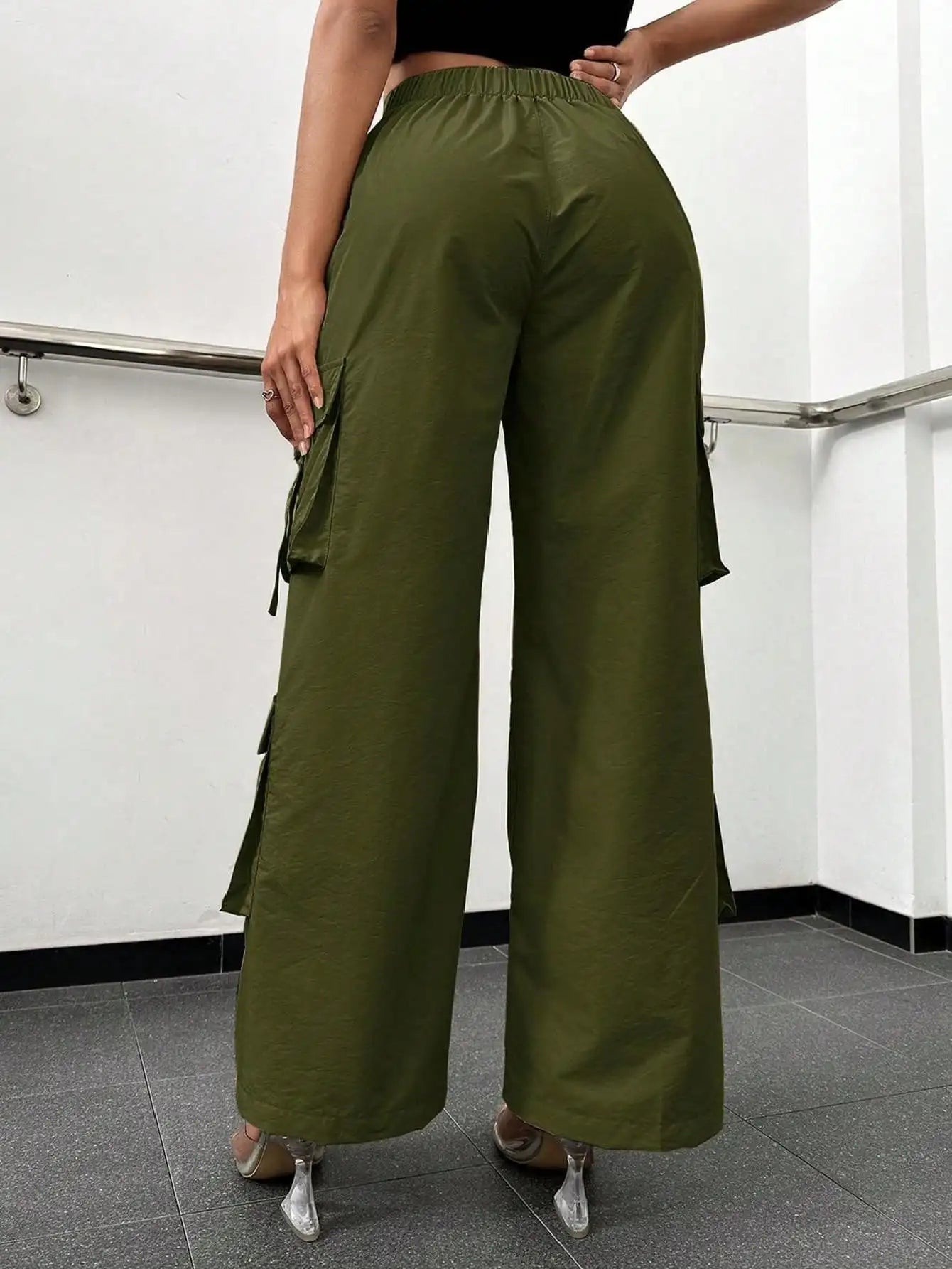 NONECN Ladies High-Waisted Wide-Leg Work Pants With Pockets