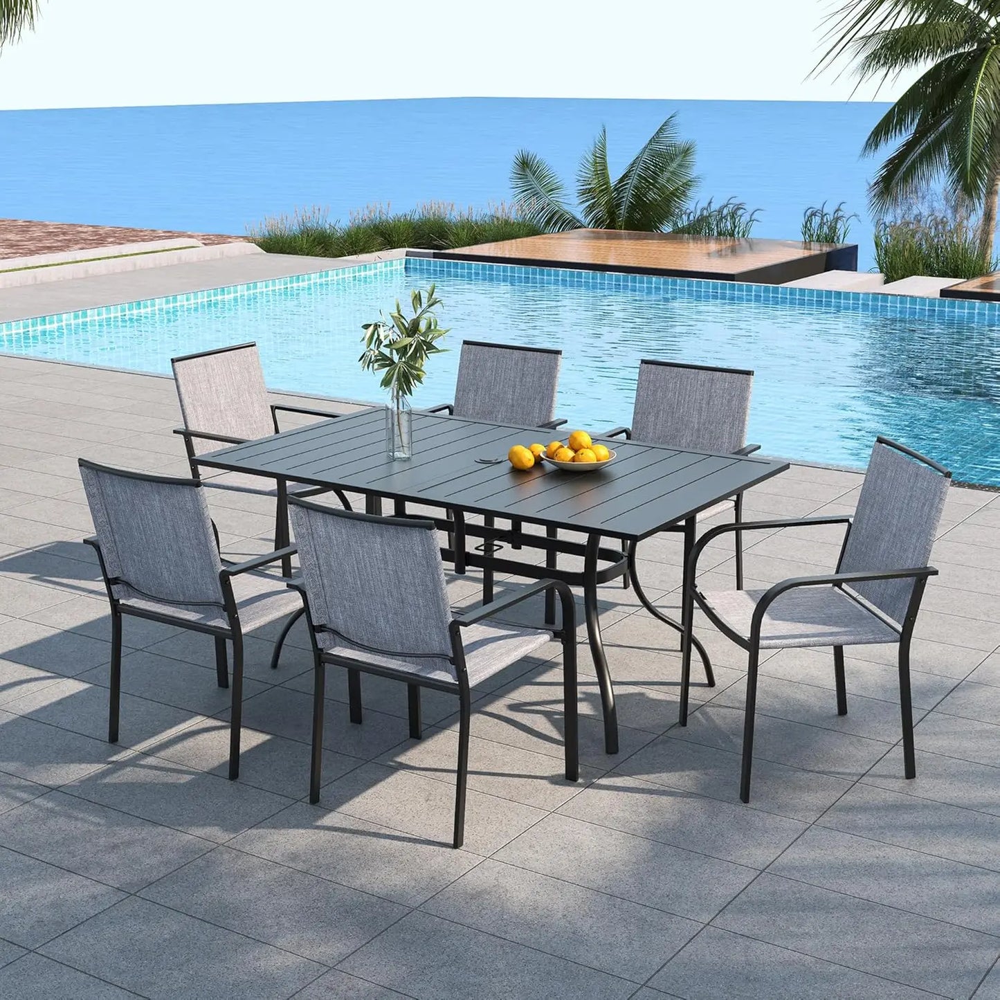 7 Piece Outdoor Patio Dining Set With 6 Stacking Chairs Rectangular Table