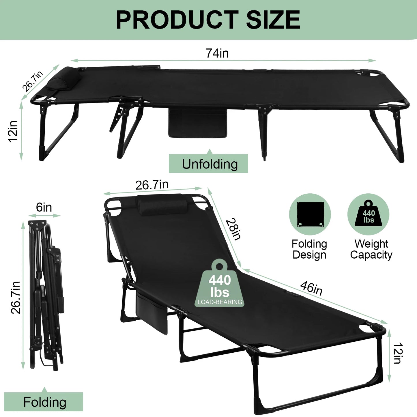 Portable Folding Camping Cot 3Position Adjustable Lounge Chair Outdoor Bed