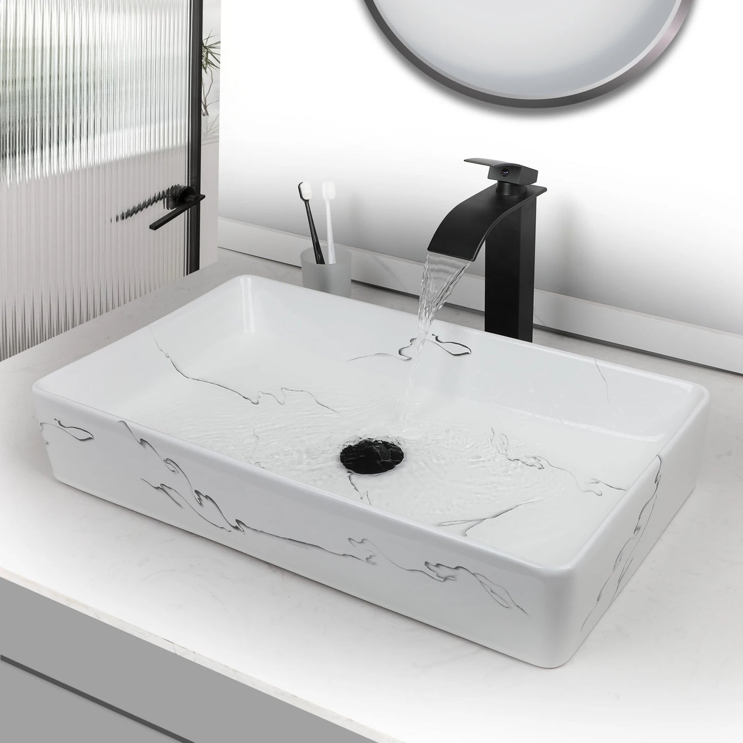 KEMAIDI Black Vanity Rectangle Marble Vessel Sink With Faucet Set