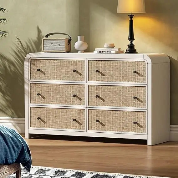TIFICY Boho Rattan 6 Drawer Dresser For Bedroom Storage