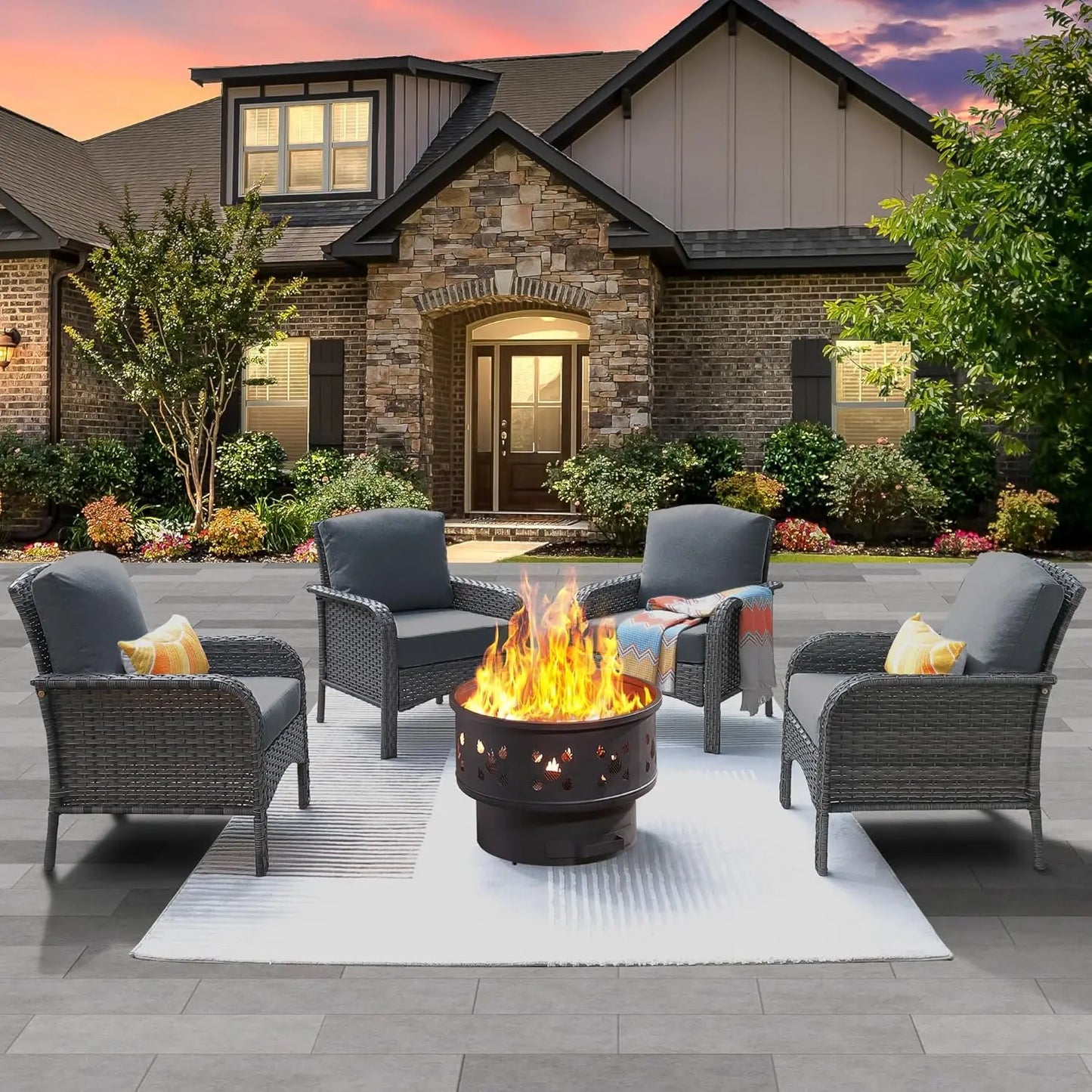 Folded 4-Piece Patio Set With Fire Pit Table And Chairs