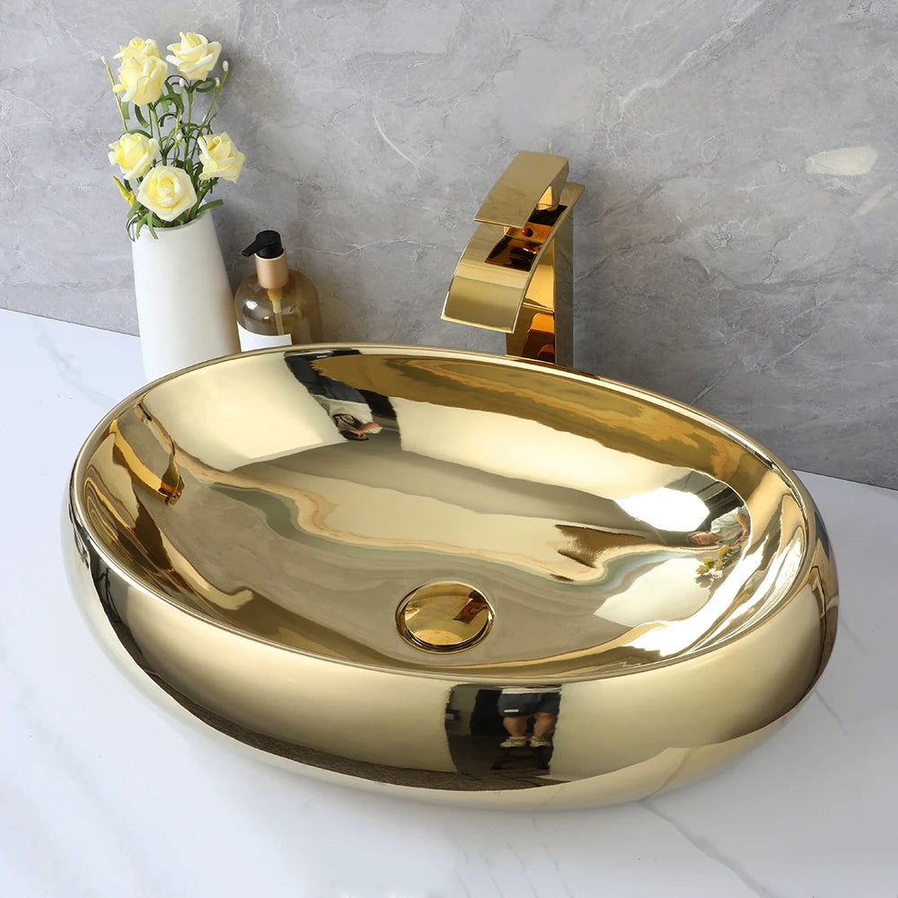 KEMAIDI Ceramic Vessel Sink With Waterfall Faucet Drain