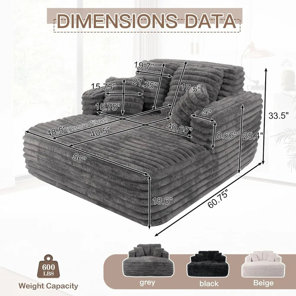 Oversized Faux Fur Chaise Lounge Sleeper Sofa with Pillows