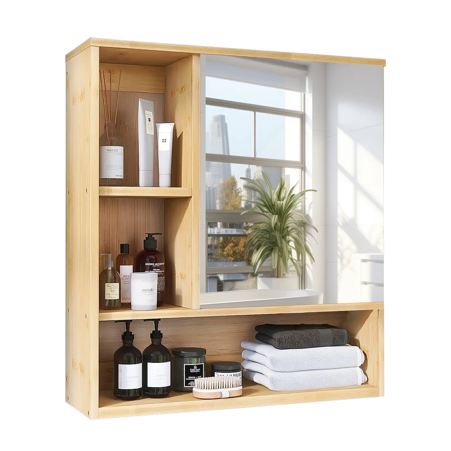 Wisfor Bamboo Bathroom Wall Cabinet With Mirror Medicine Storage Shelves