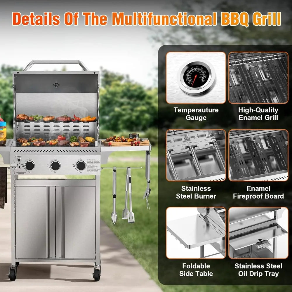Stainless Steel 3-Burner Propane Grill With Folding Tables