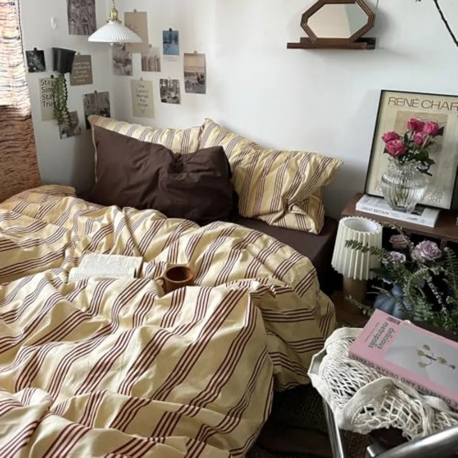 Retro Striped Duvet Cover Set Natural Cotton Bedding