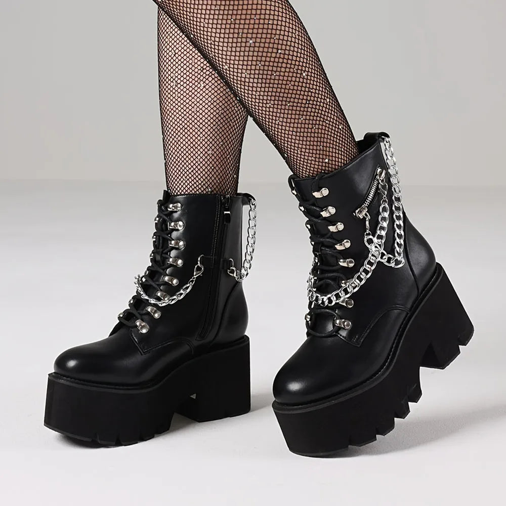 DoraTasia Gothic Ankle Boots Platform Chunky Heel With Chain