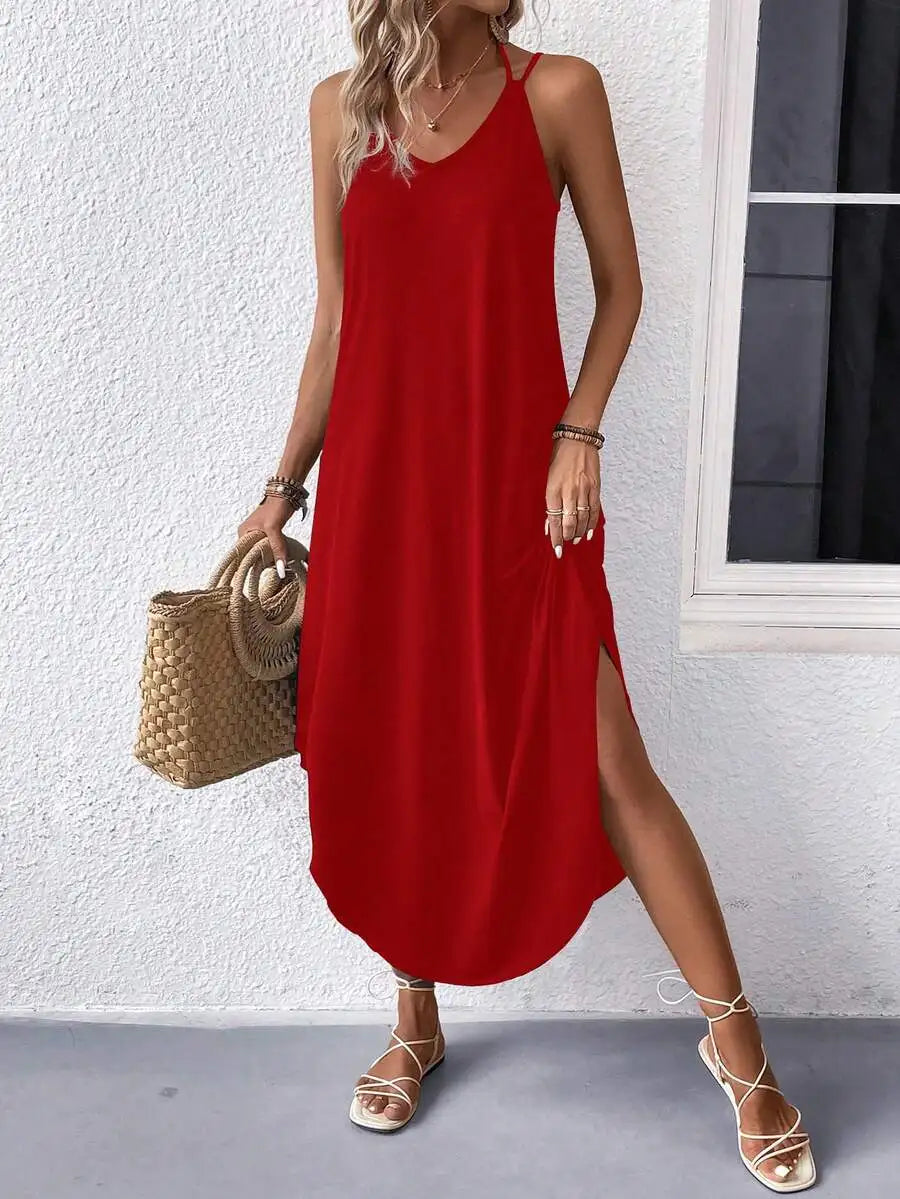 Sleeveless V Neck Maxi Dress With Side Slit Flowy Fit Casual Summer