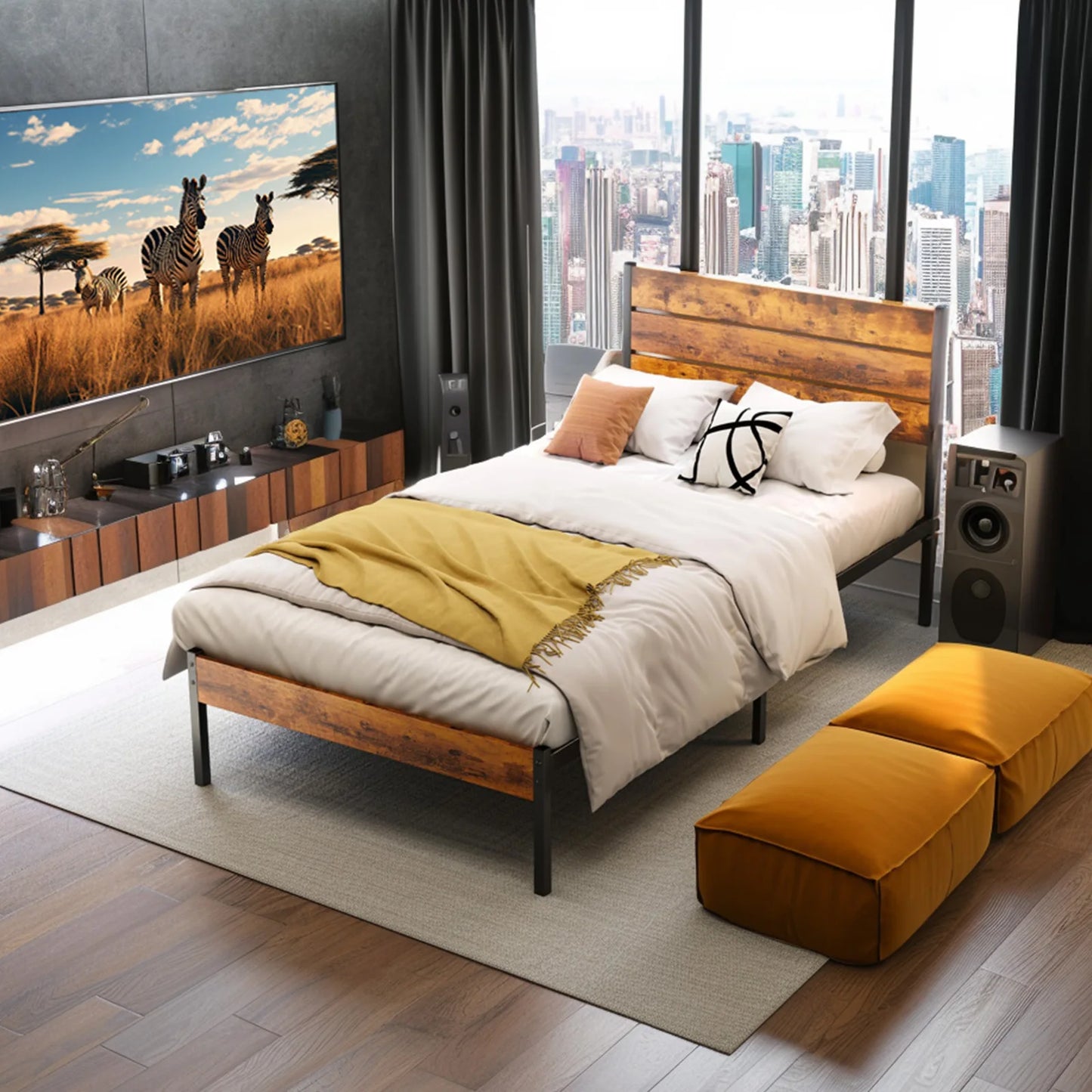 JHK Metal Platform Bed Frame With Headboard And Wooden Slats
