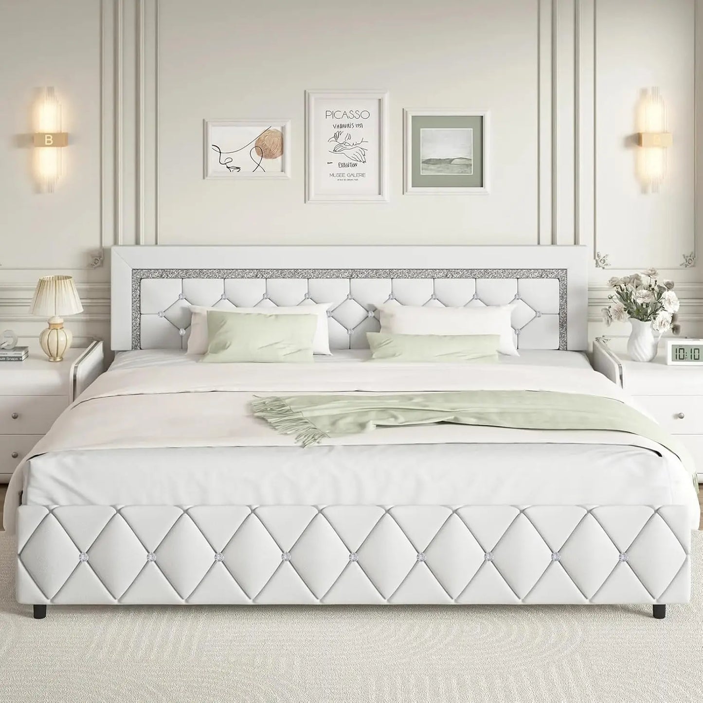 Guangbai Faux Leather Diamond Tufted Platform Bed Frame With Headboard