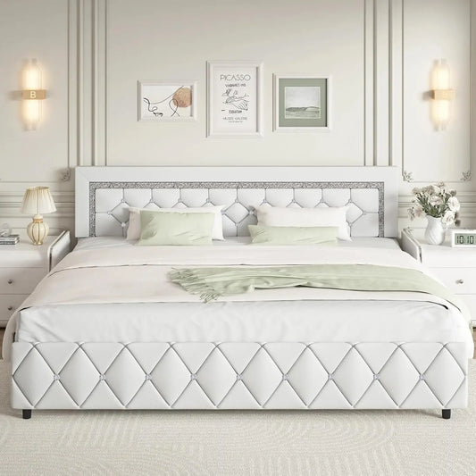 Guangbai Faux Leather Diamond Tufted Platform Bed Frame With Headboard