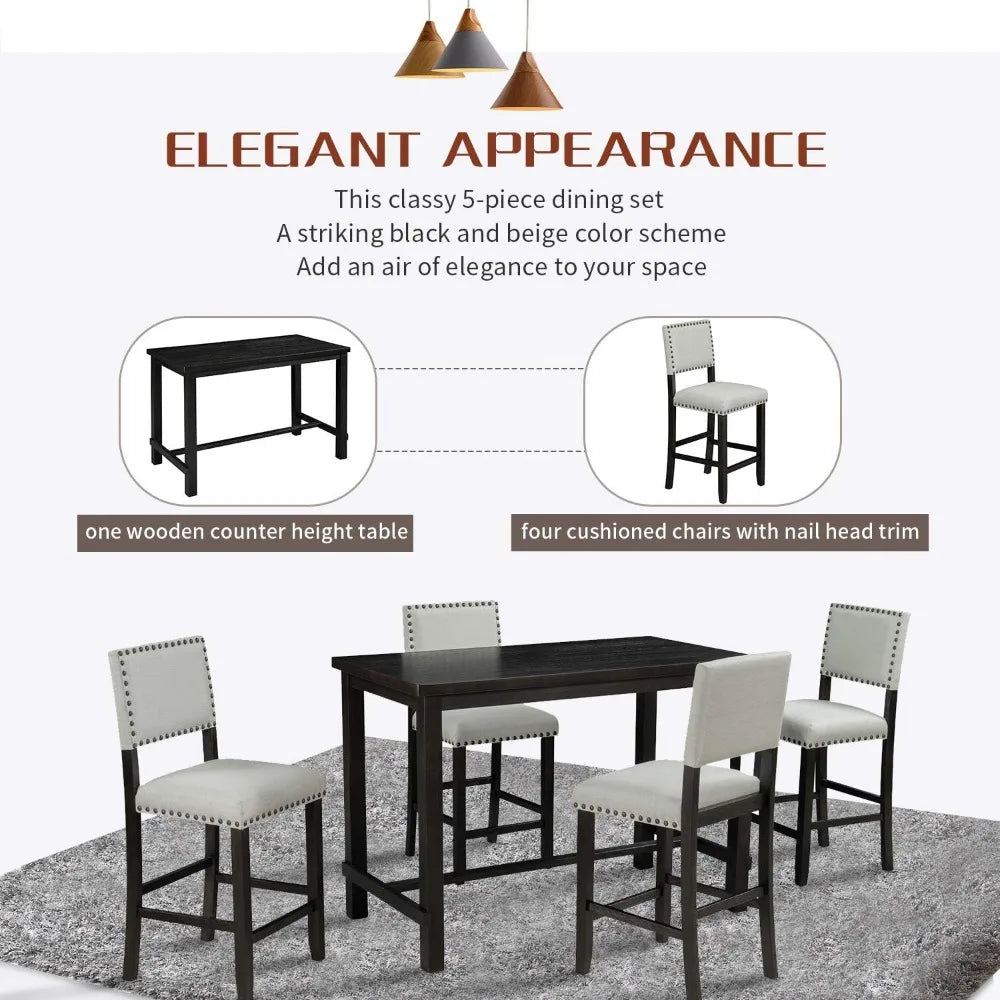 5 Piece Counter Height Dining Set For Four Cushioned Chairs