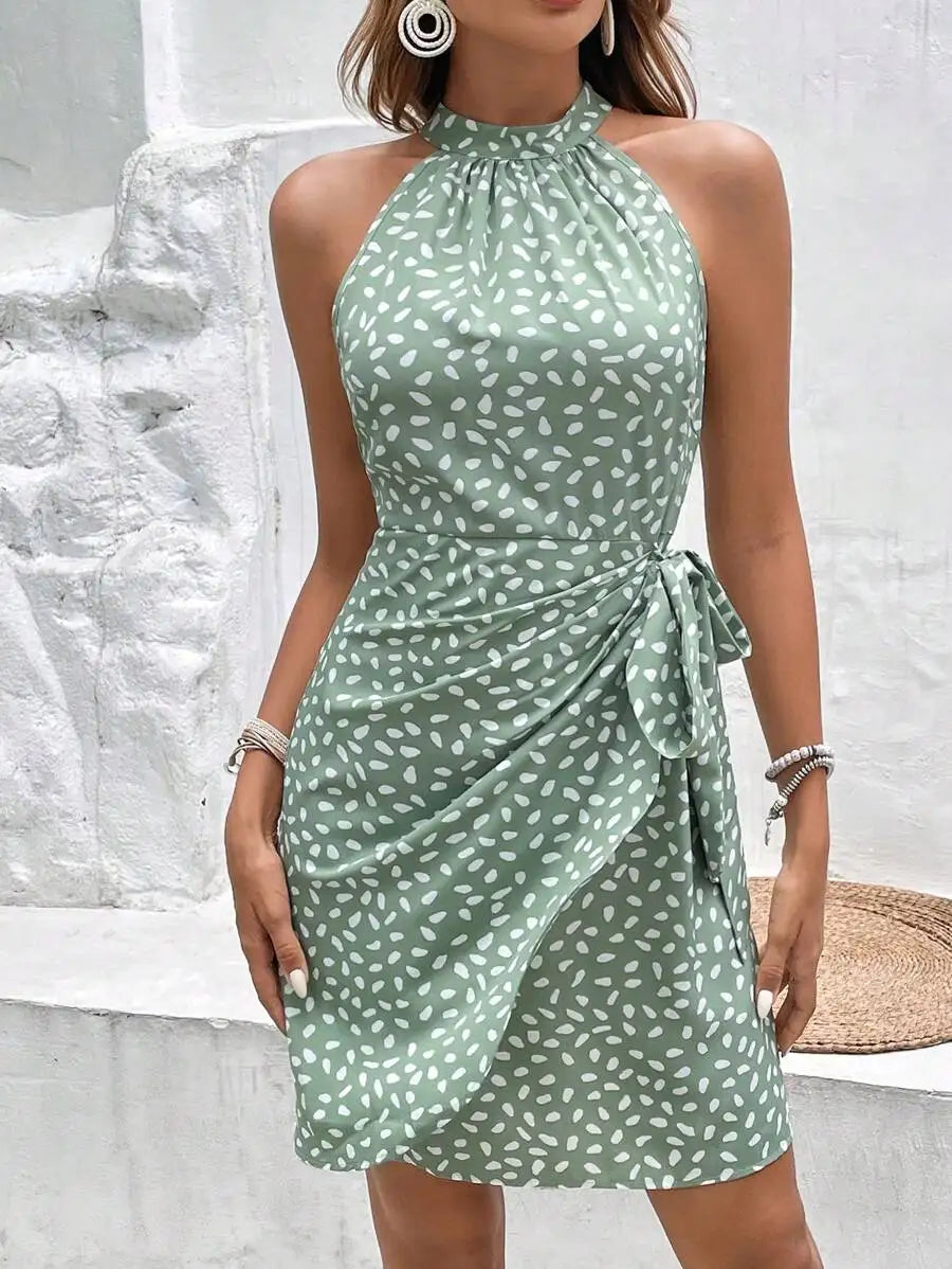Chic Abstract Print Halter Neck Wrap Mini Dress For Summer