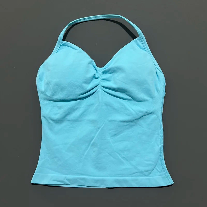 Women Gym Halter Top Longline Strappy Yoga Tank Removable Cups