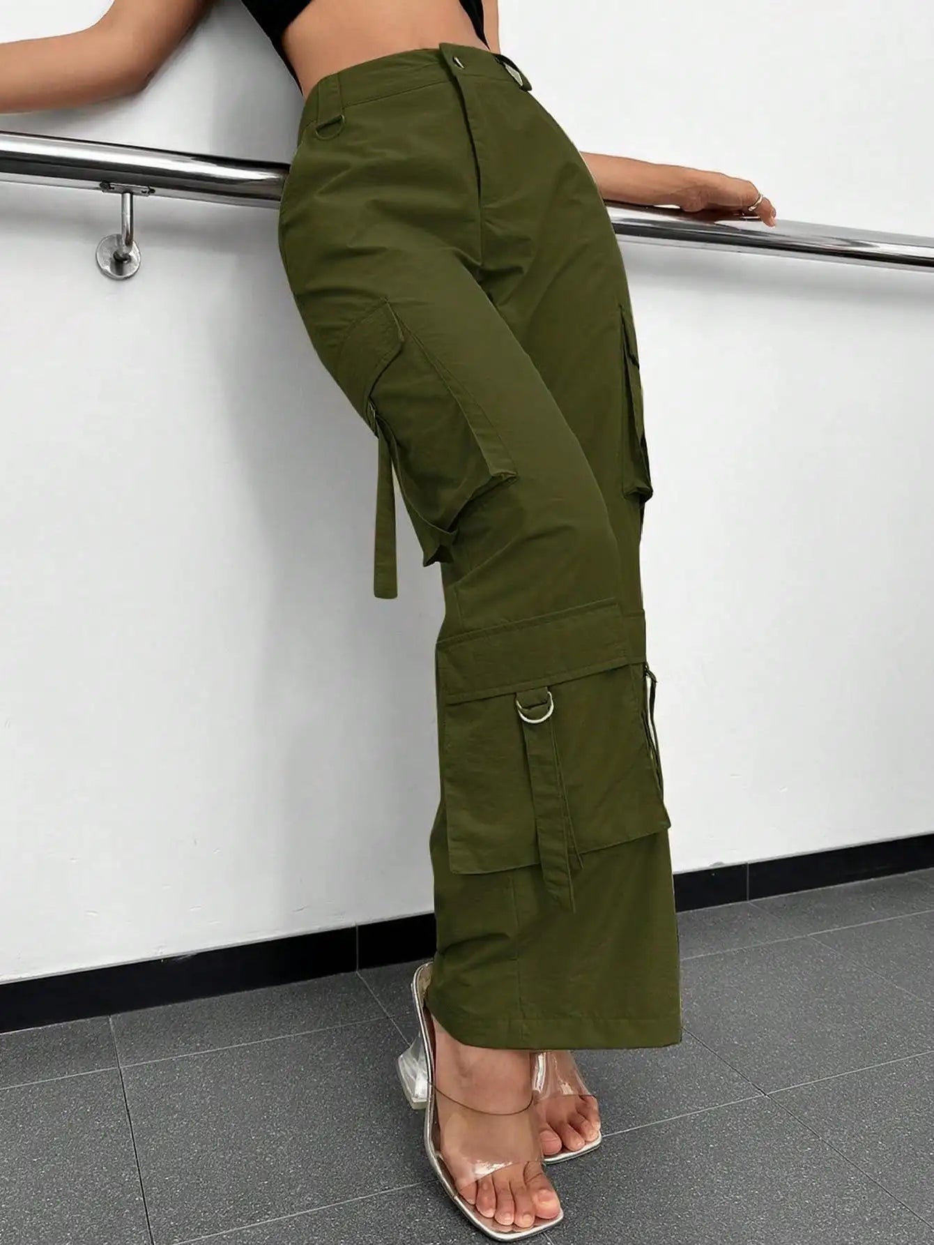 NONECN Ladies High-Waisted Wide-Leg Work Pants With Pockets