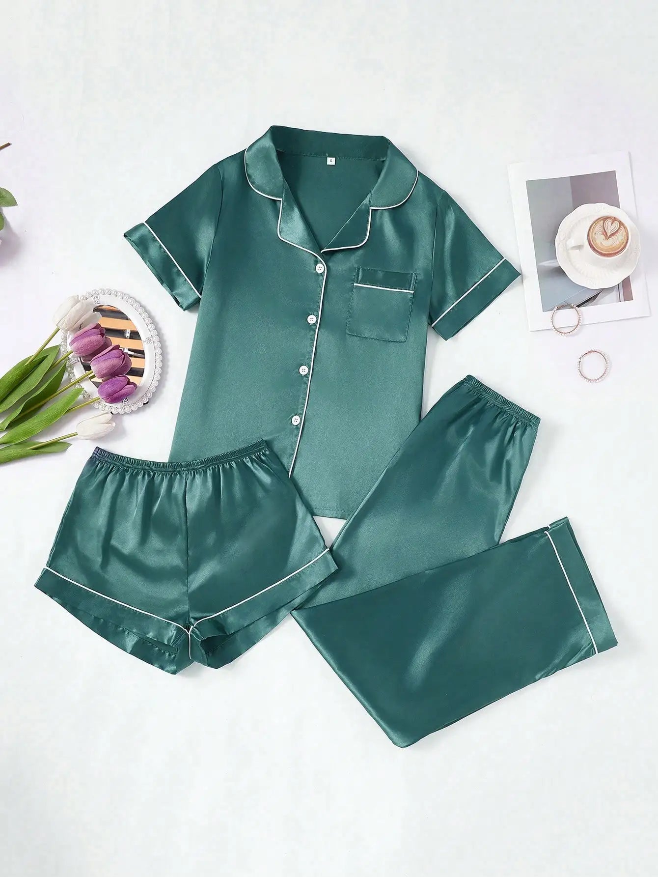Faux Silk Pajama Set For Women Button-Down Top And Pants