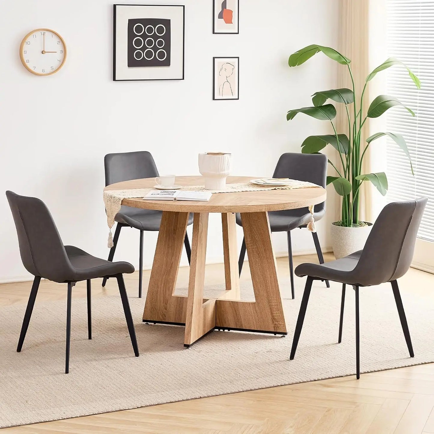 Mid-Century Round Dining Table Set With 4 Metal Leg Chairs