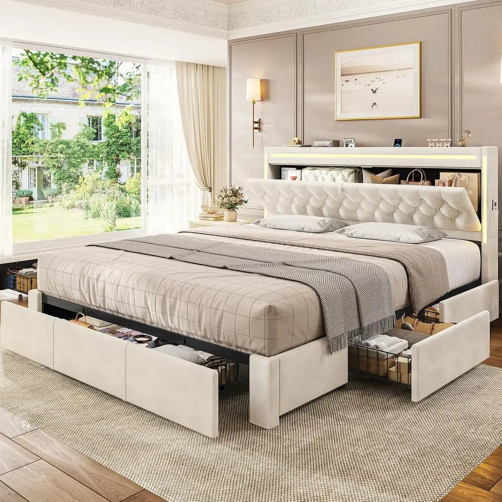 LED Upholstered Bed With 5 Drawers And Charging Station