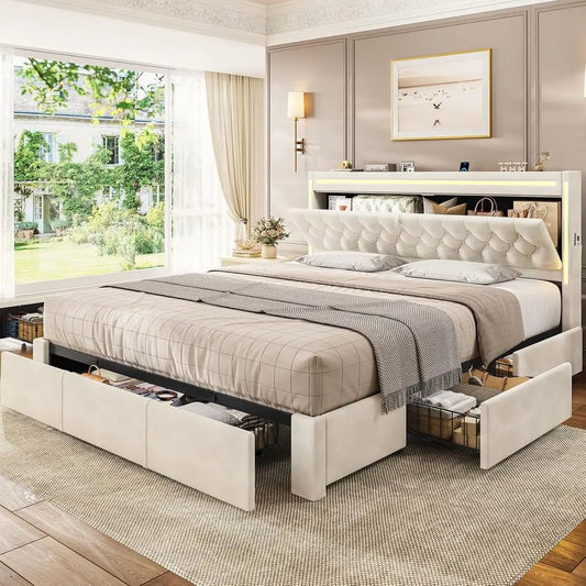 LED Upholstered Bed With 5 Drawers And Charging Station