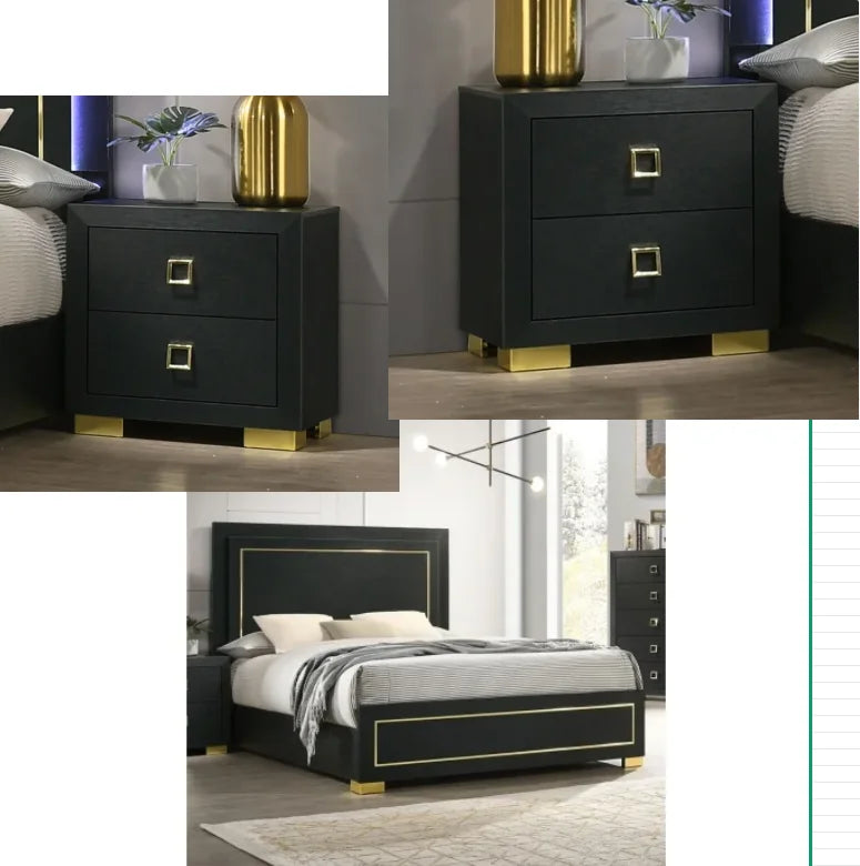 Queen Bedroom Set With Bed And Nightstands Black Gold Accents