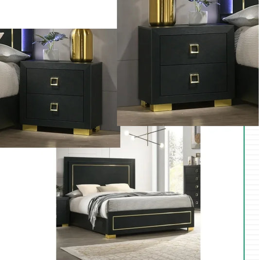 Queen Bedroom Set With Bed And Nightstands Black Gold Accents