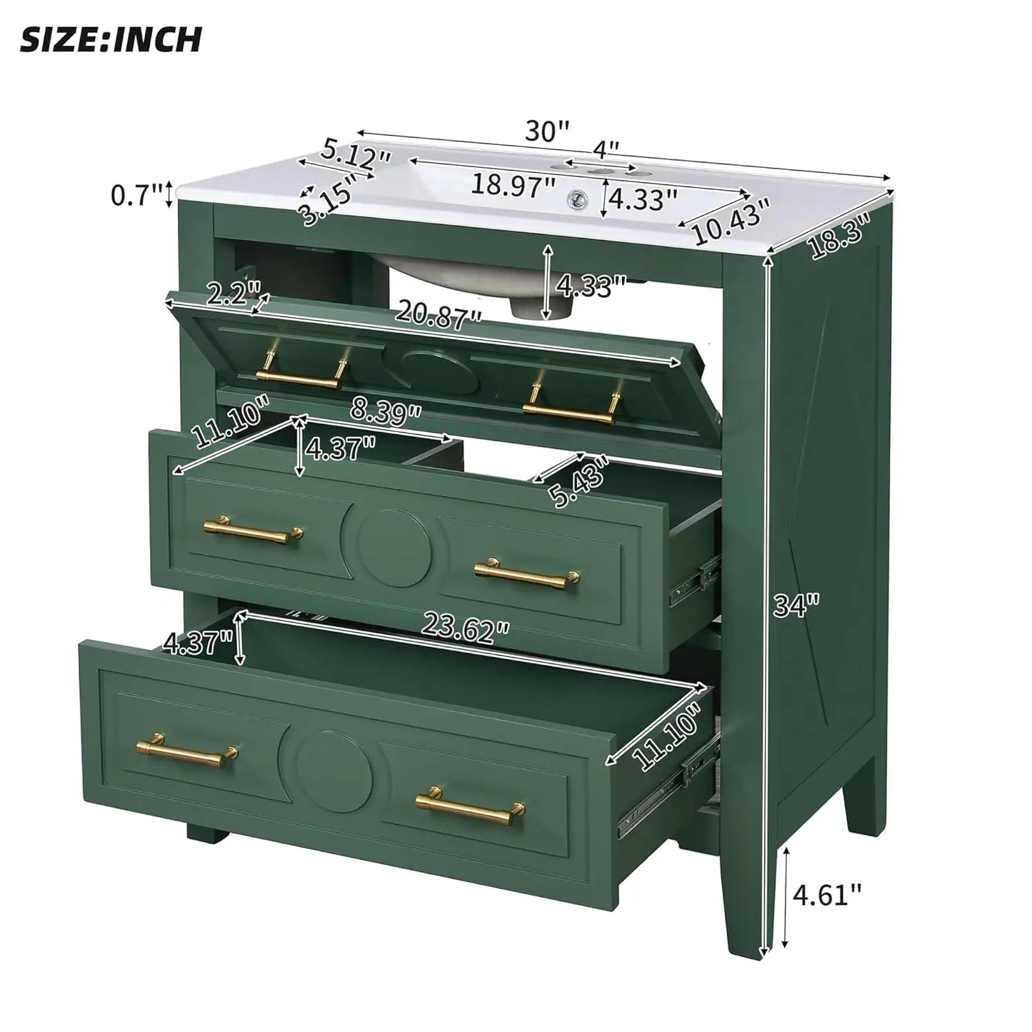 Solid Wood Bathroom Vanity With Ceramic Sink, Tip-Out Drawers