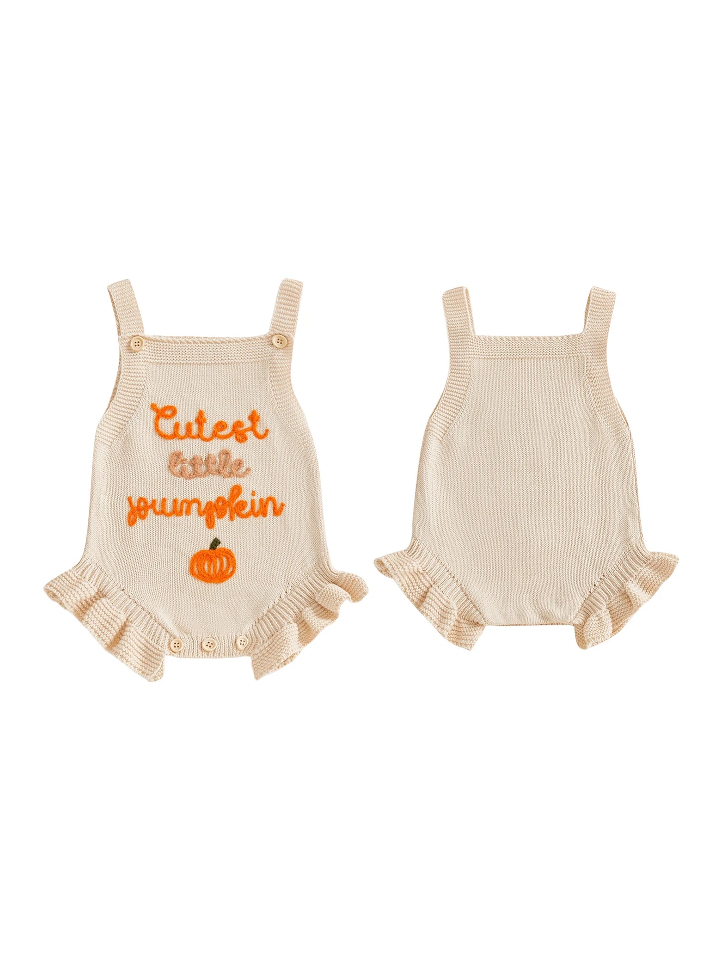 Infant Girl Sleeveless Knit Romper With Pumpkin Embroidery Bodysuit