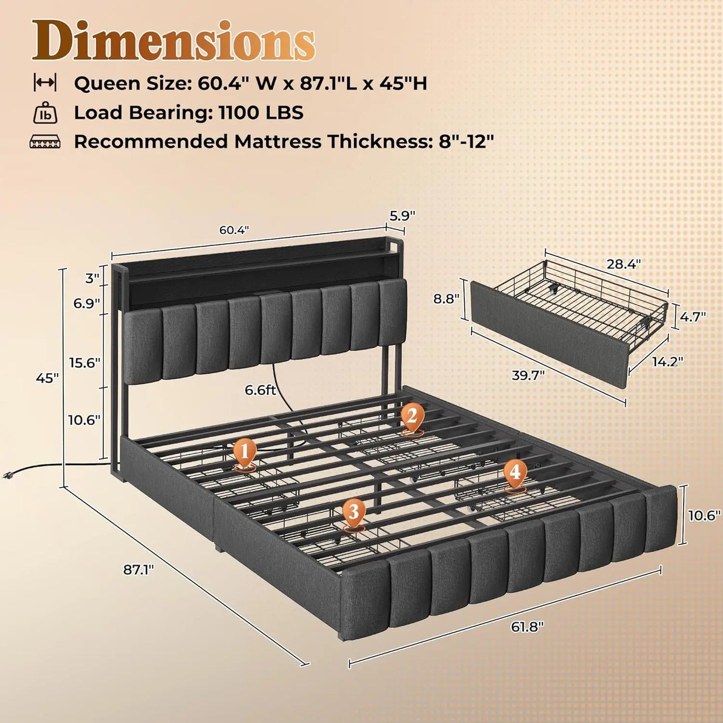 Bed Frame With Upholstered Headboard Charging Station Two Tier Drawers
