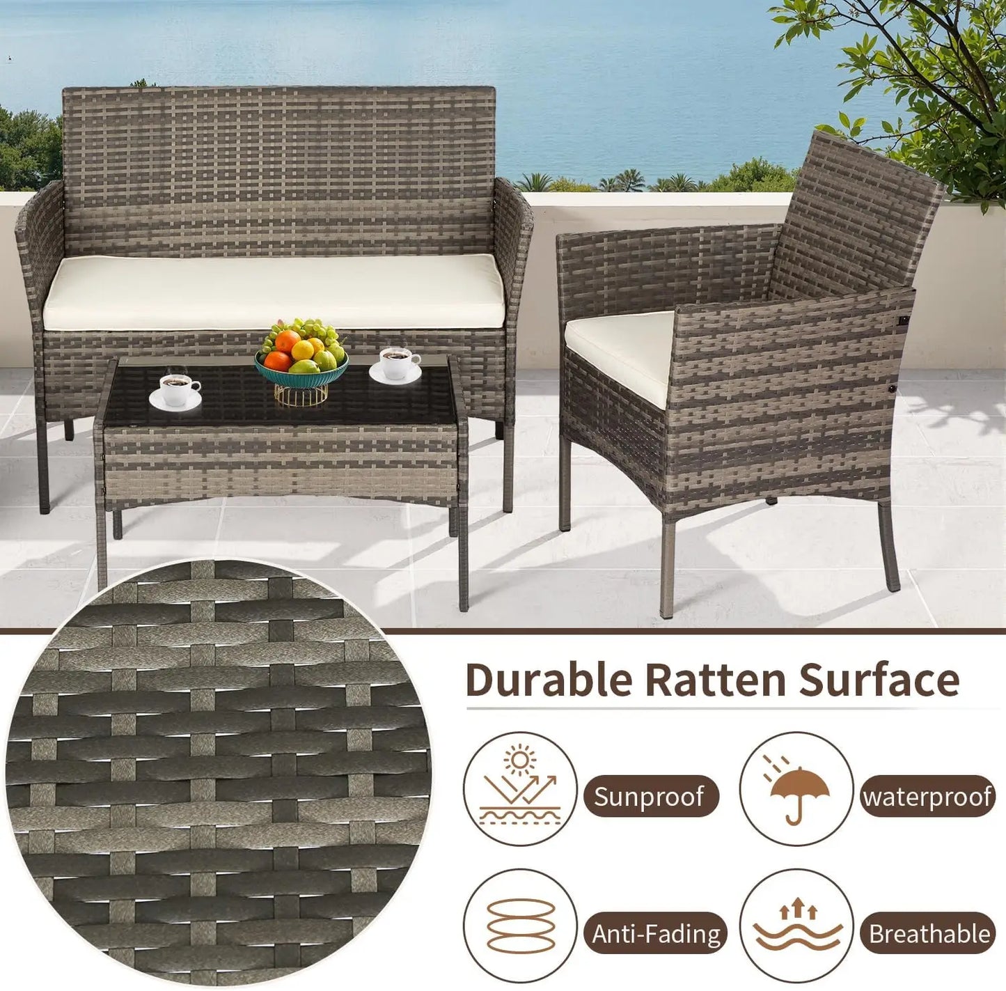 PE Rattan Patio Furniture Set With Loveseats And Coffee Table