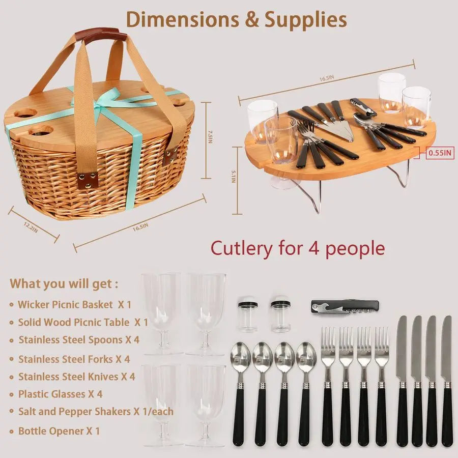 Wicker Picnic Basket Set For Four With Table And Cooler