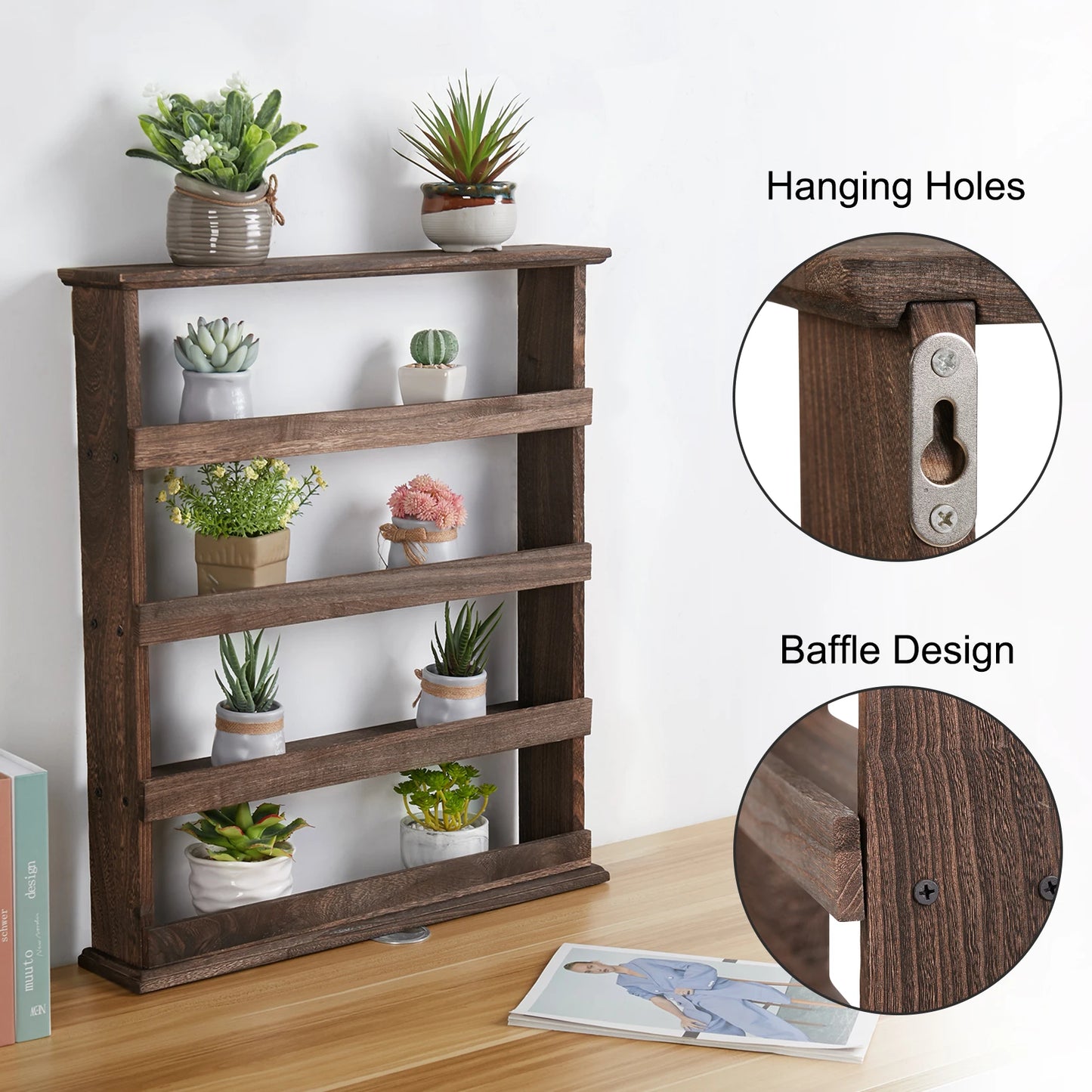 Rustic Torched Wood Wall Mounted 4 Tier Spice Rack