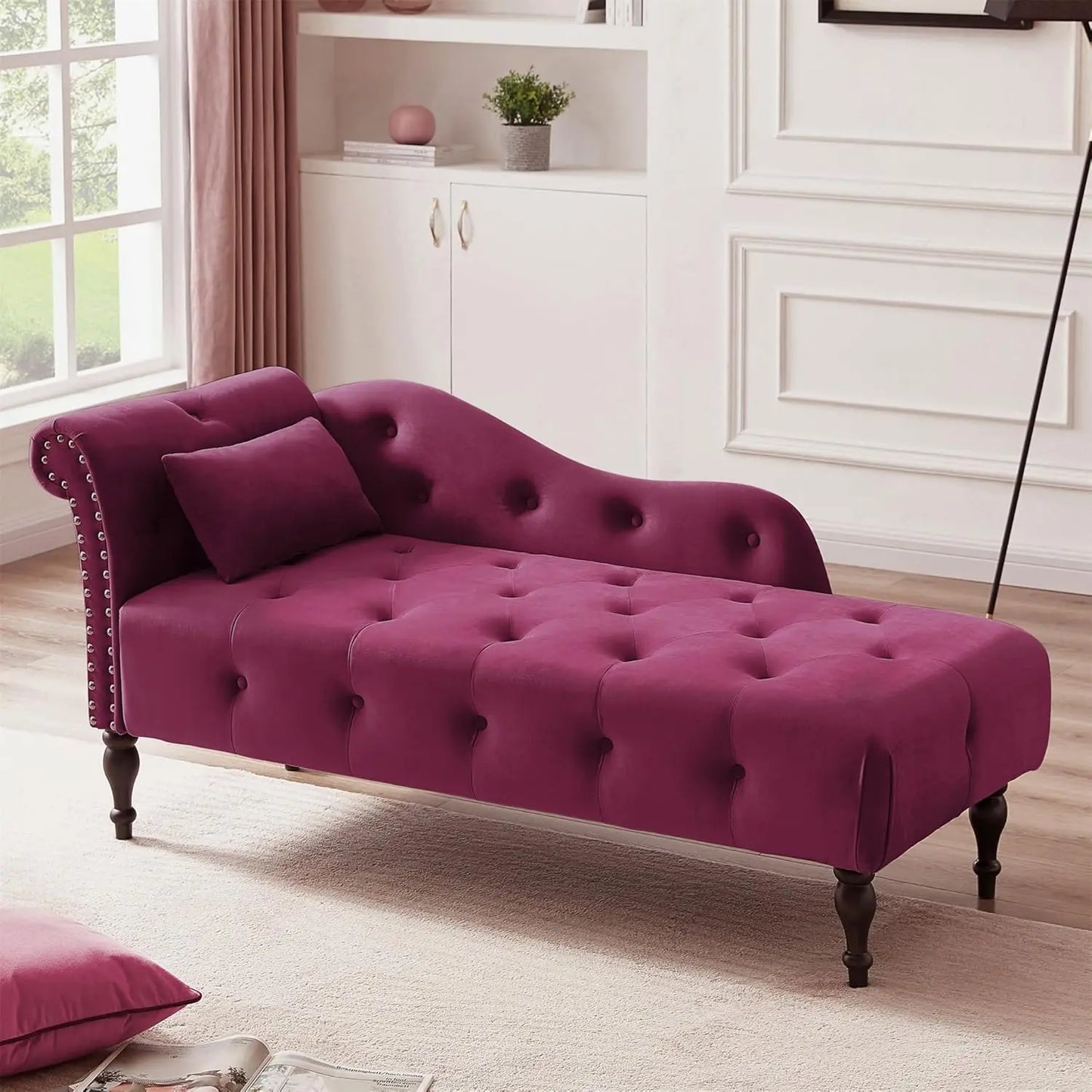 Huanzhuang Modern Velvet Upholstered Chaise Lounge With Button Tufting And Solid Wood Legs