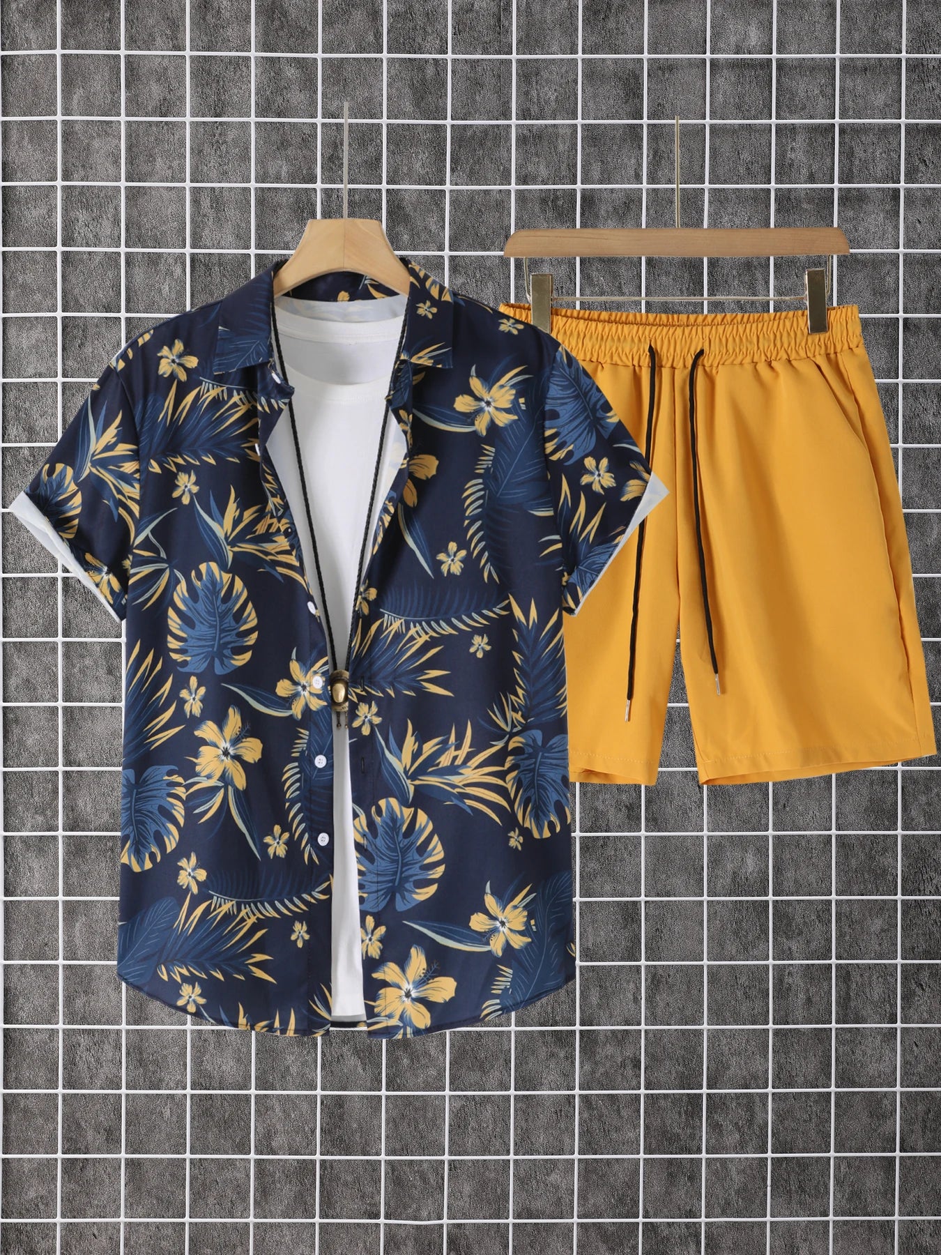 NONECN Men's Summer 2 Piece Printed Shirt And Shorts Set