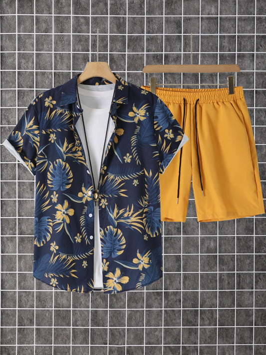 NONECN Men's Summer 2 Piece Printed Shirt And Shorts Set