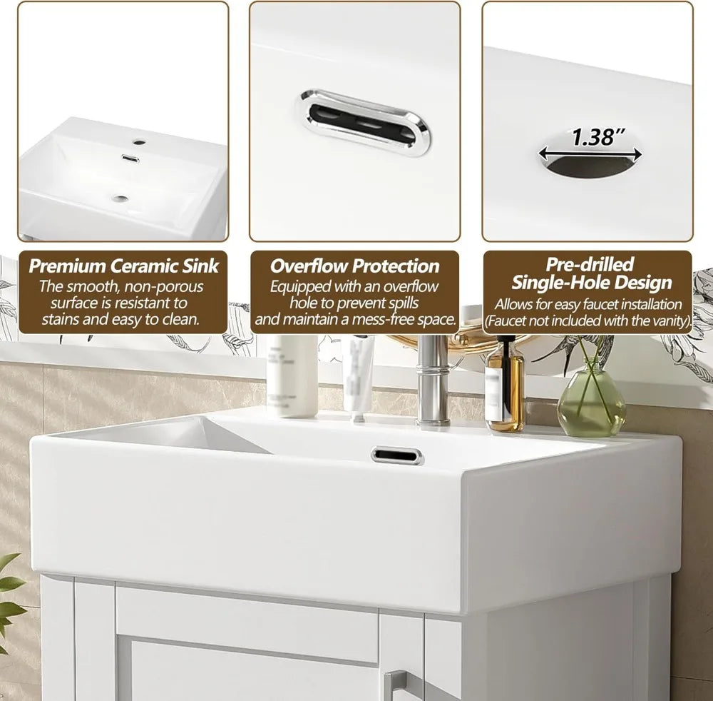 Freestanding Bathroom Vanity With Ceramic Sink, Soft Closing Door