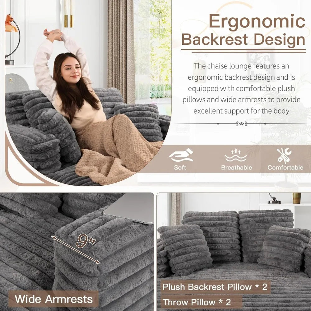 Oversized Faux Fur Chaise Lounge Sleeper Sofa with Pillows