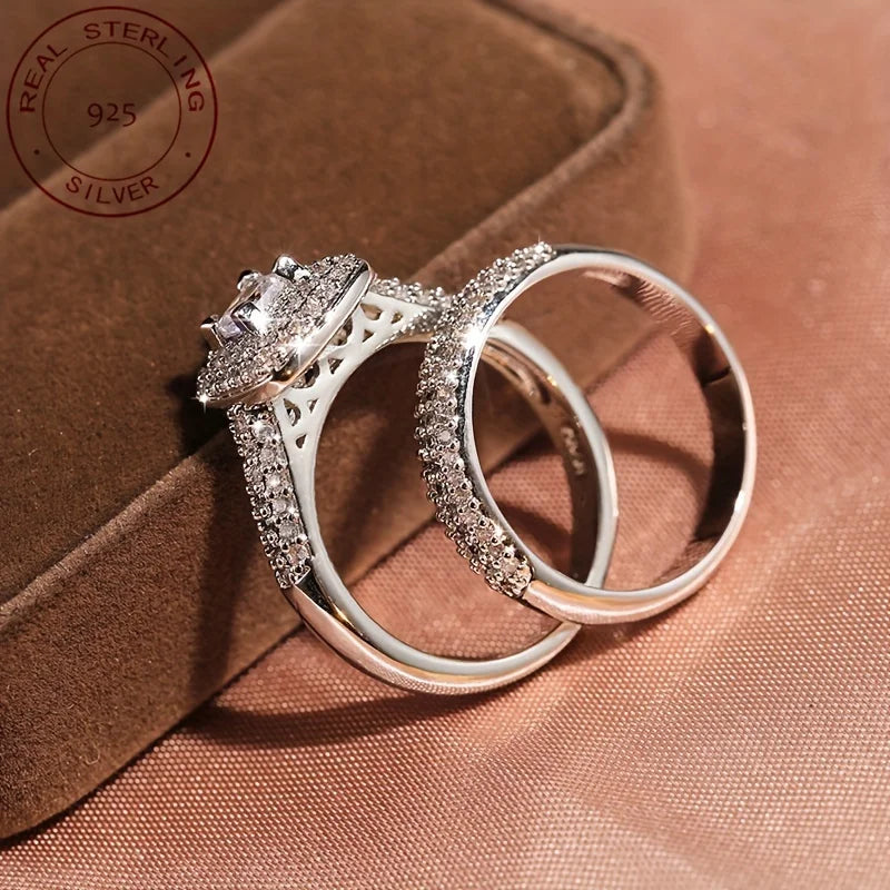 WPOOCC Womens Elegant Zircon Engagement Ring Set 925 Silver Plated