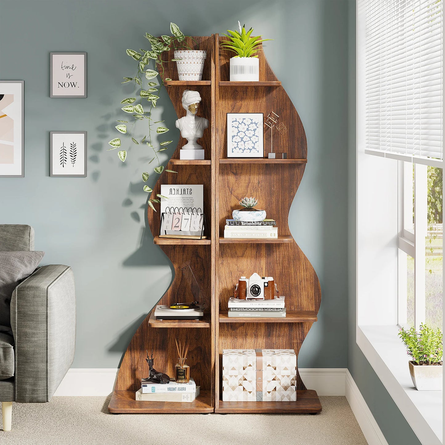 Tribesigns Rustic Five Tier Corner Bookshelf Wall Shelf Living Room