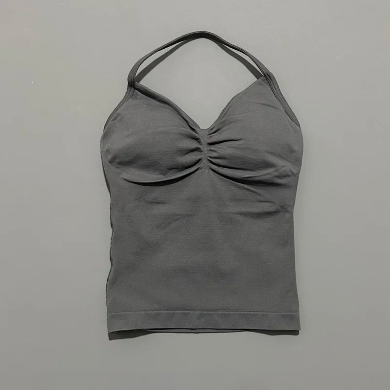 Women Gym Halter Top Longline Strappy Yoga Tank Removable Cups