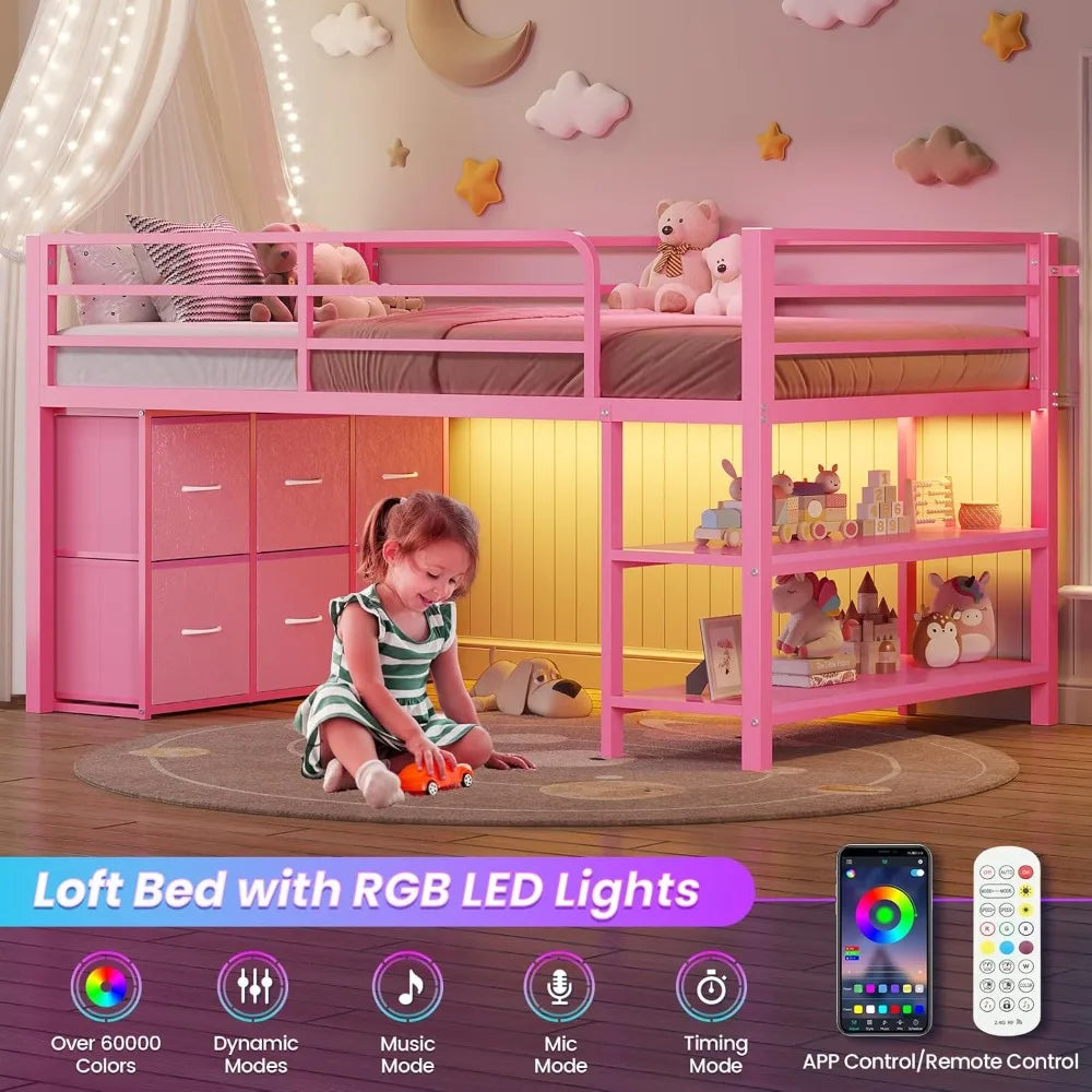 Loft Bed With LED Lights, 6 Drawers, Shelves And Guardrail