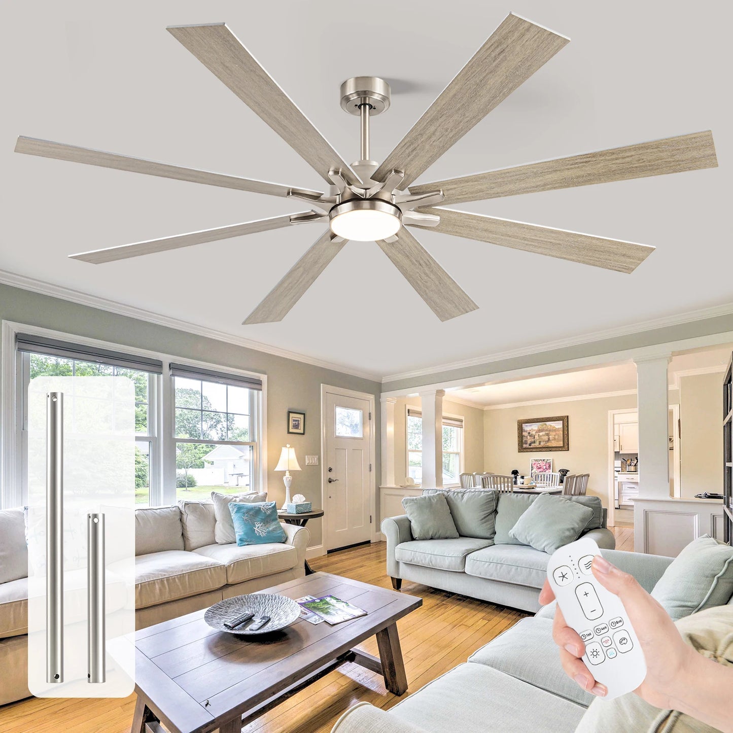 ILROOMH Industrial Ceiling Fan With Light 8 Blades Noiseless Reversible DC Motor