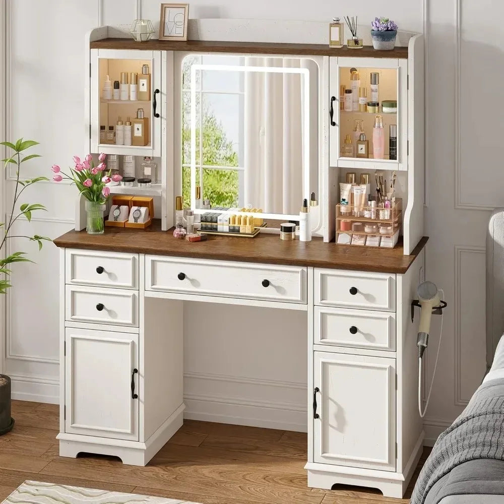 Farmhouse Vanity Desk With LED Mirror And RGB Storage