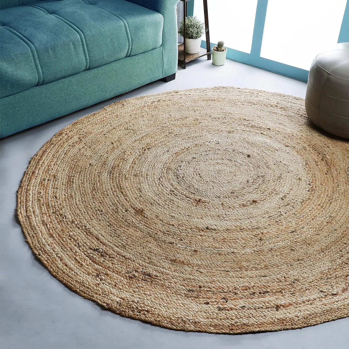 Hand Woven Jute Braided Round Rug Natural Reversible Living Room