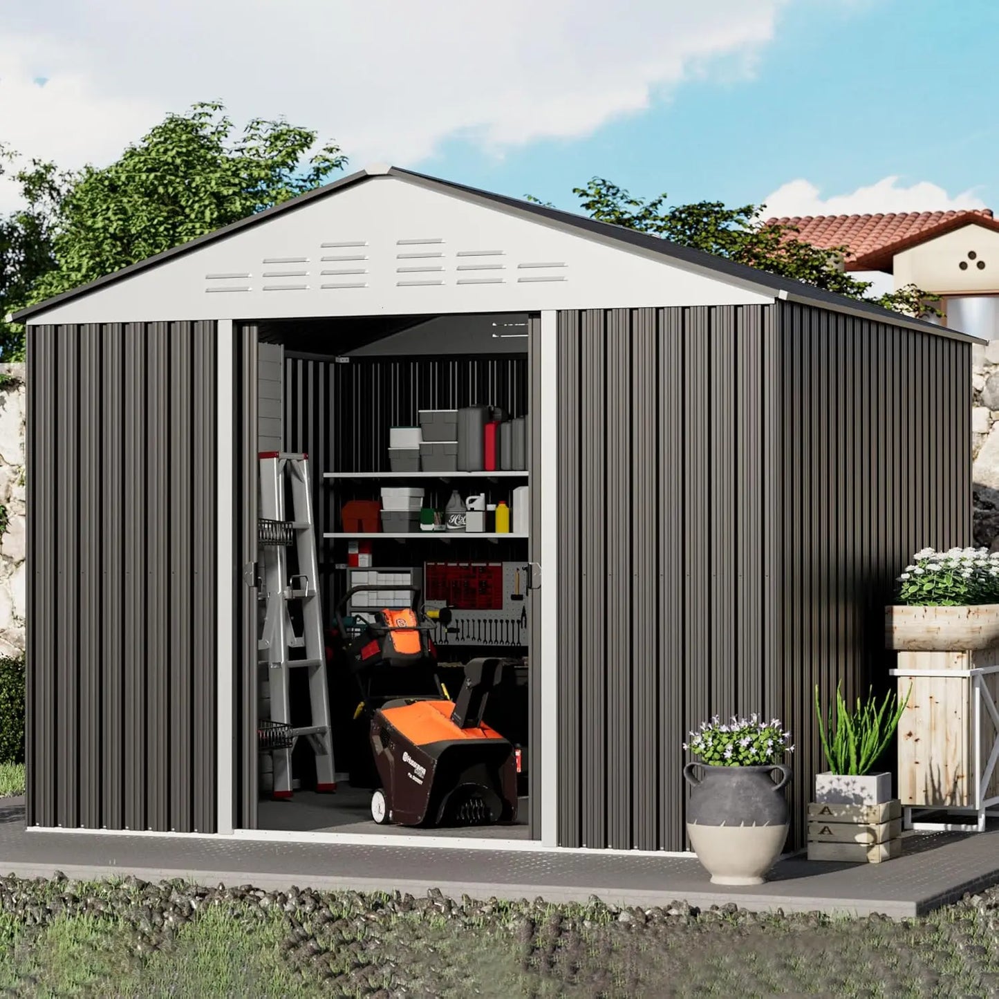 Outdoor Metal Storage Shed With Sliding Door For Backyard