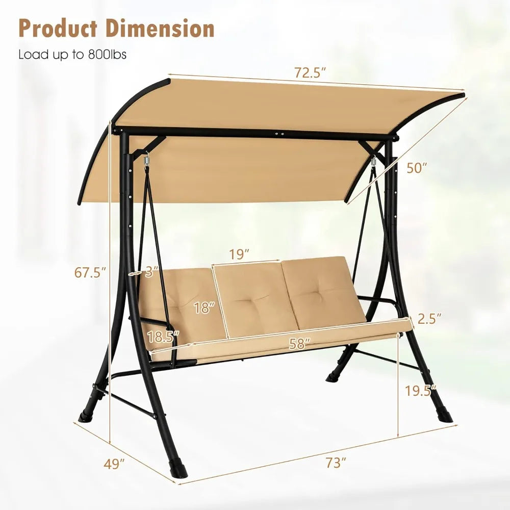 3 Seater Porch Swing With Removable Cushions And Canopy