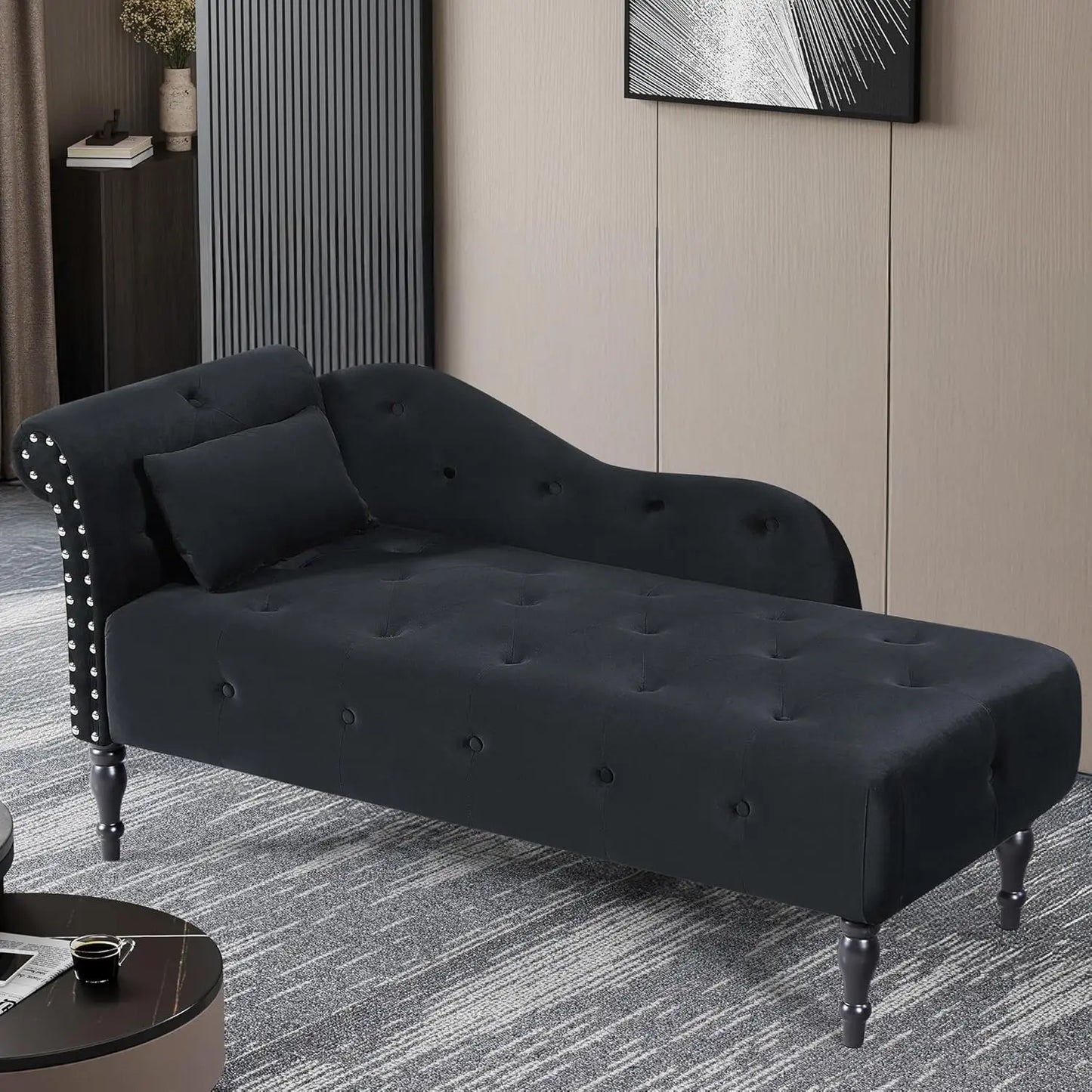 Huanzhuang Modern Velvet Upholstered Chaise Lounge With Button Tufting And Solid Wood Legs