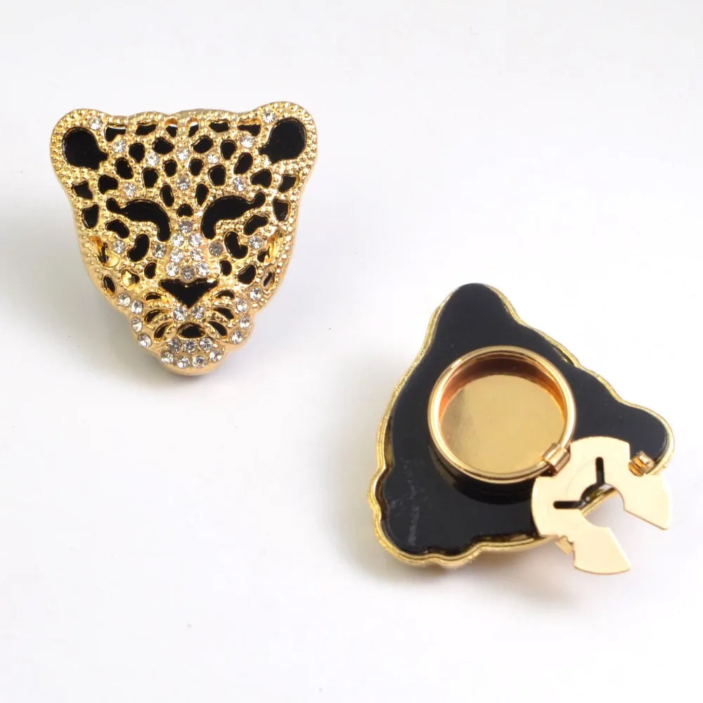 Leopard Head Rhinestone Button Cover Cufflinks Set