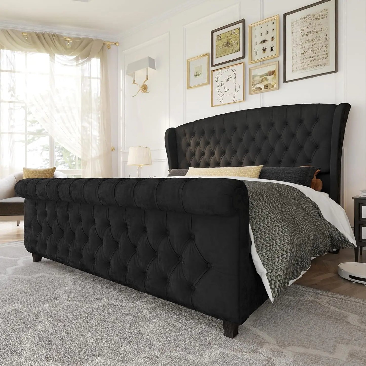 Velvet Upholstered Platform Bed Frame With Scroll Headboard And Footboard