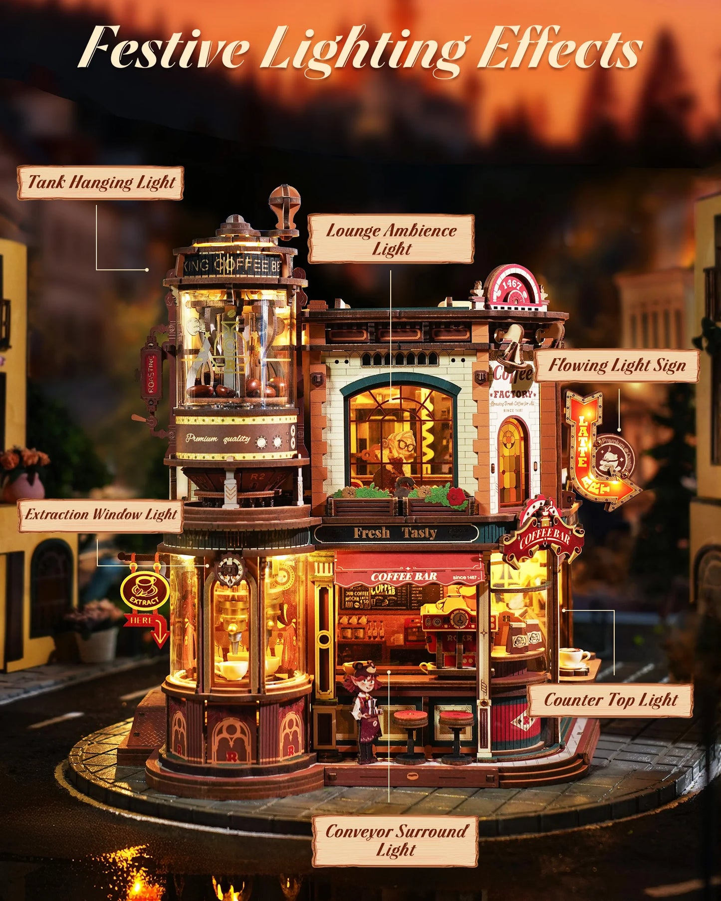 ROKR Wooden 3D Puzzle Dream Coffee Factory Music Box Kit